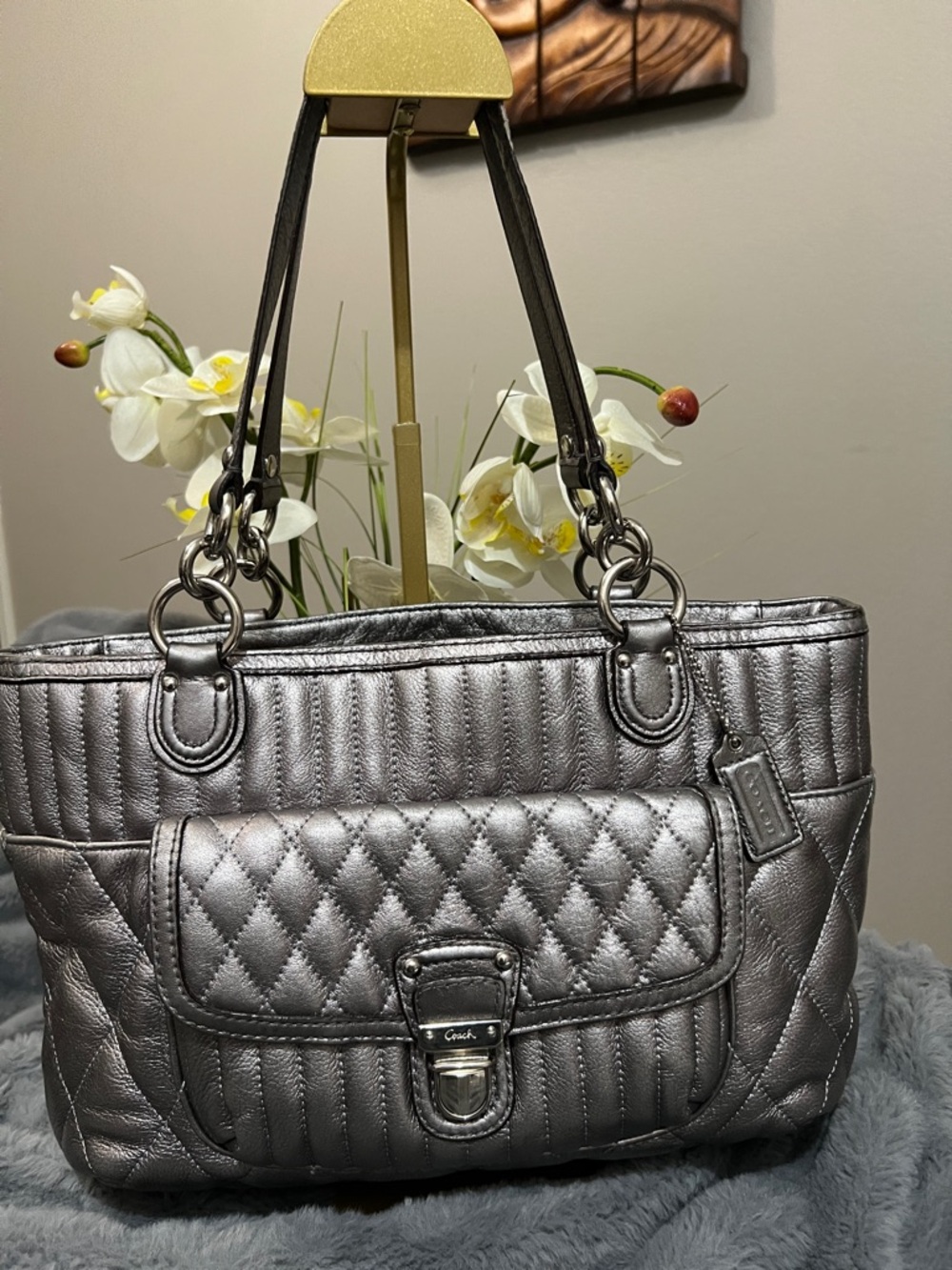 Coach Madison Quilted Metallic Pewter Gray Tote Bag GUC retail $358
